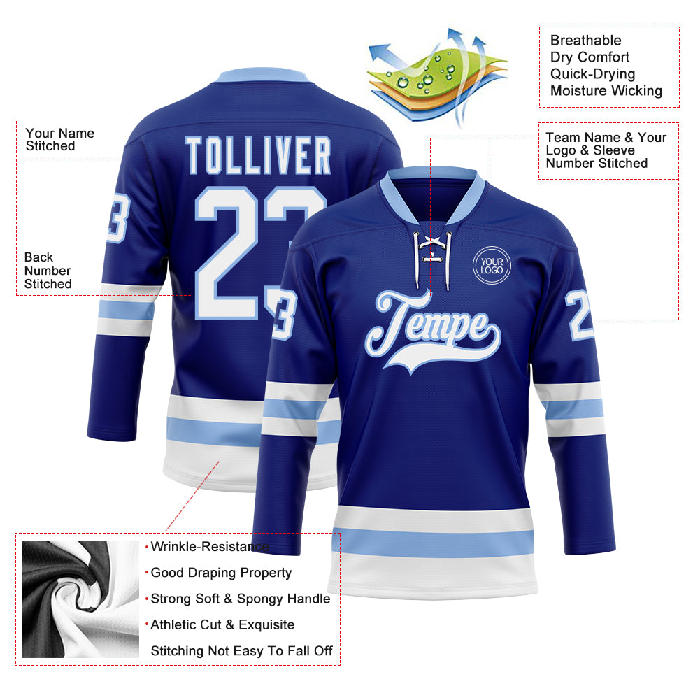 Custom Royal White-Light Blue Hockey Lace Neck Jersey