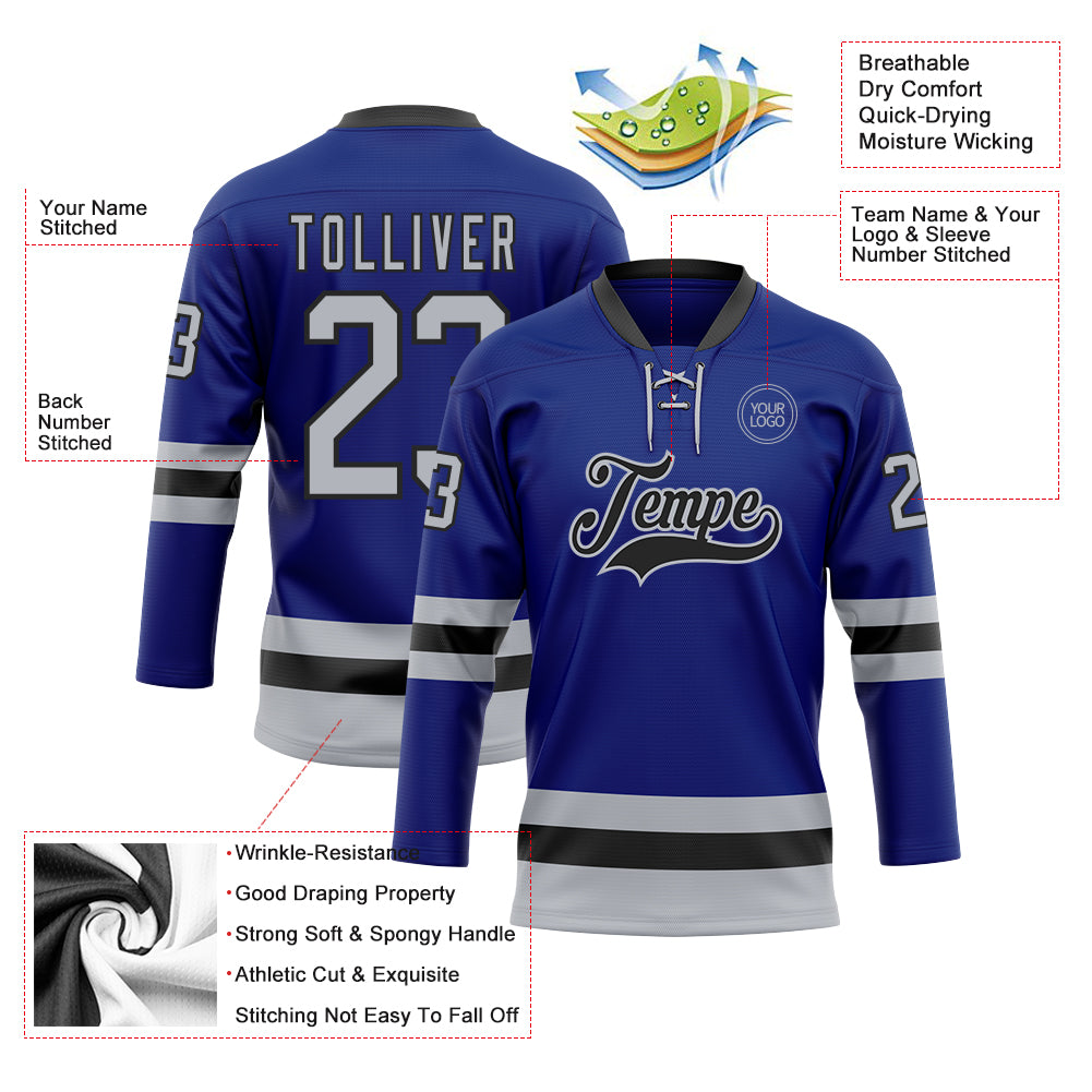 Custom Royal Gray-Black Hockey Lace Neck Jersey