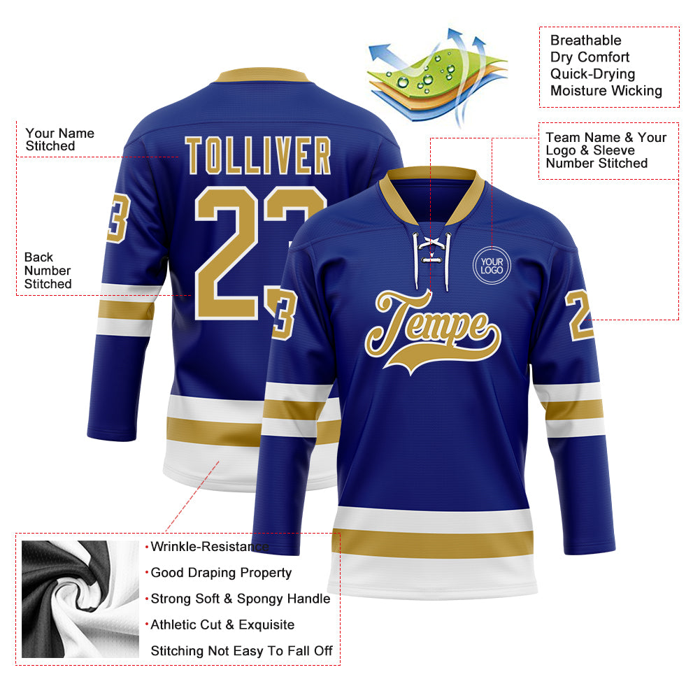 Custom Royal Old Gold-White Hockey Lace Neck Jersey