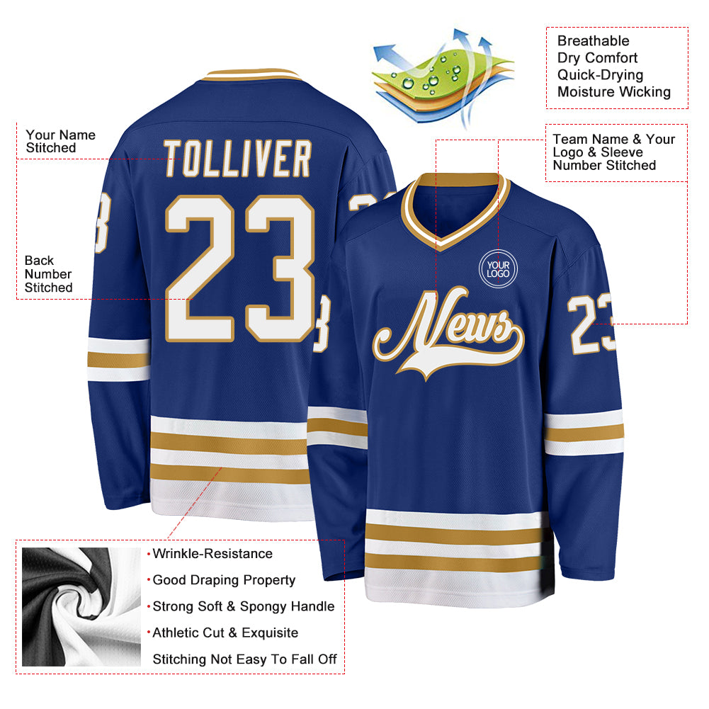 Custom Royal White-Old Gold Hockey Jersey