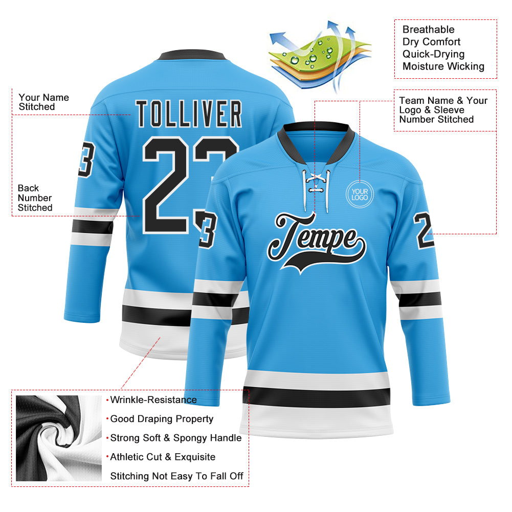 Custom Sky Blue Black-White Hockey Lace Neck Jersey