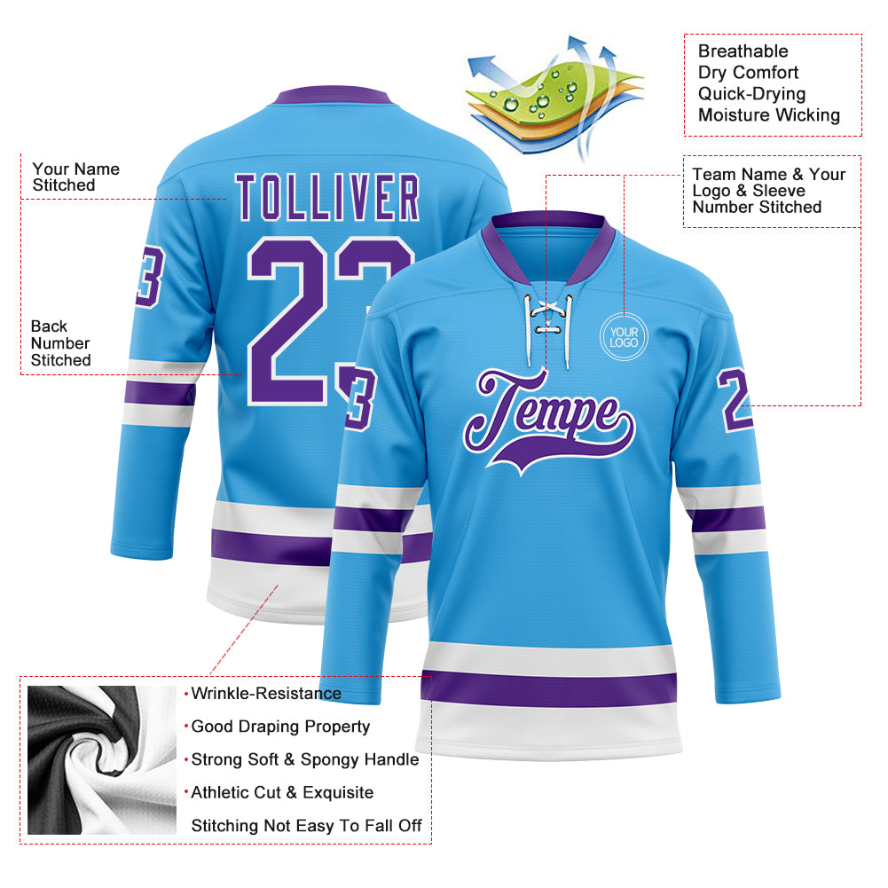 Custom Sky Blue Purple-White Hockey Lace Neck Jersey