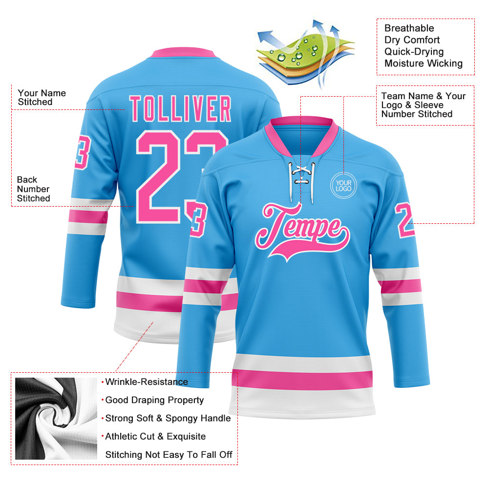 Custom Sky Blue Pink-White Hockey Lace Neck Jersey