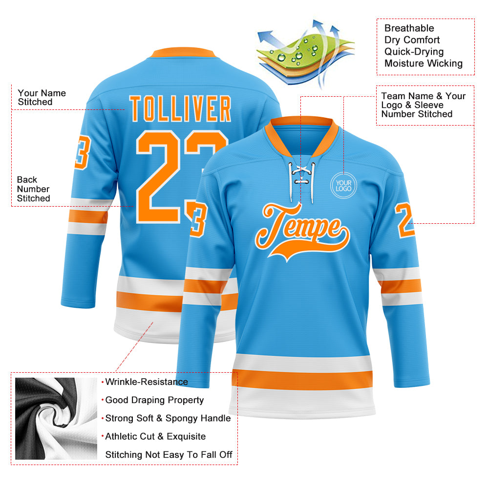 Custom Sky Blue Bay Orange-White Hockey Lace Neck Jersey