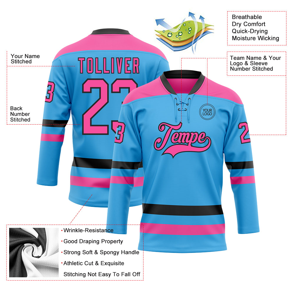 Custom Sky Blue Pink-Black Hockey Lace Neck Jersey