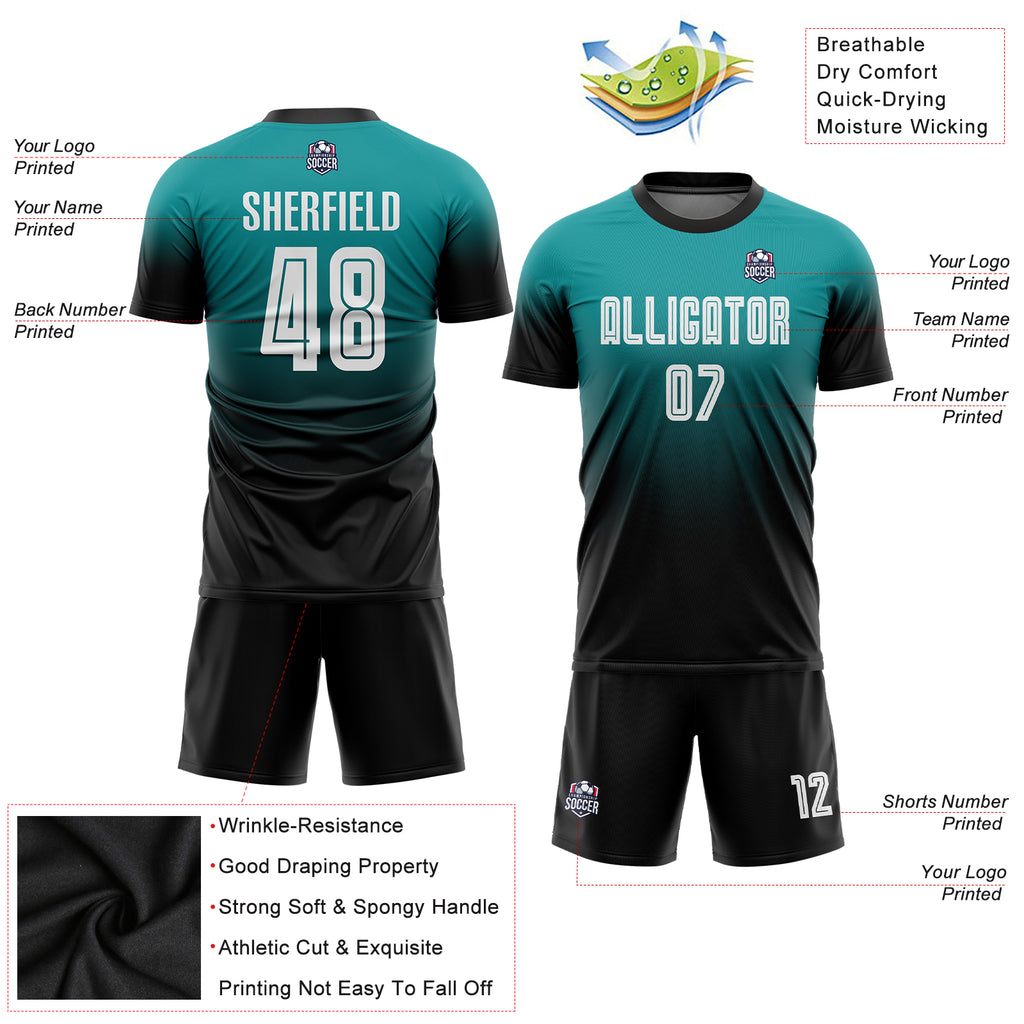 Custom Teal White-Black Sublimation Fade Fashion Soccer Uniform Jersey