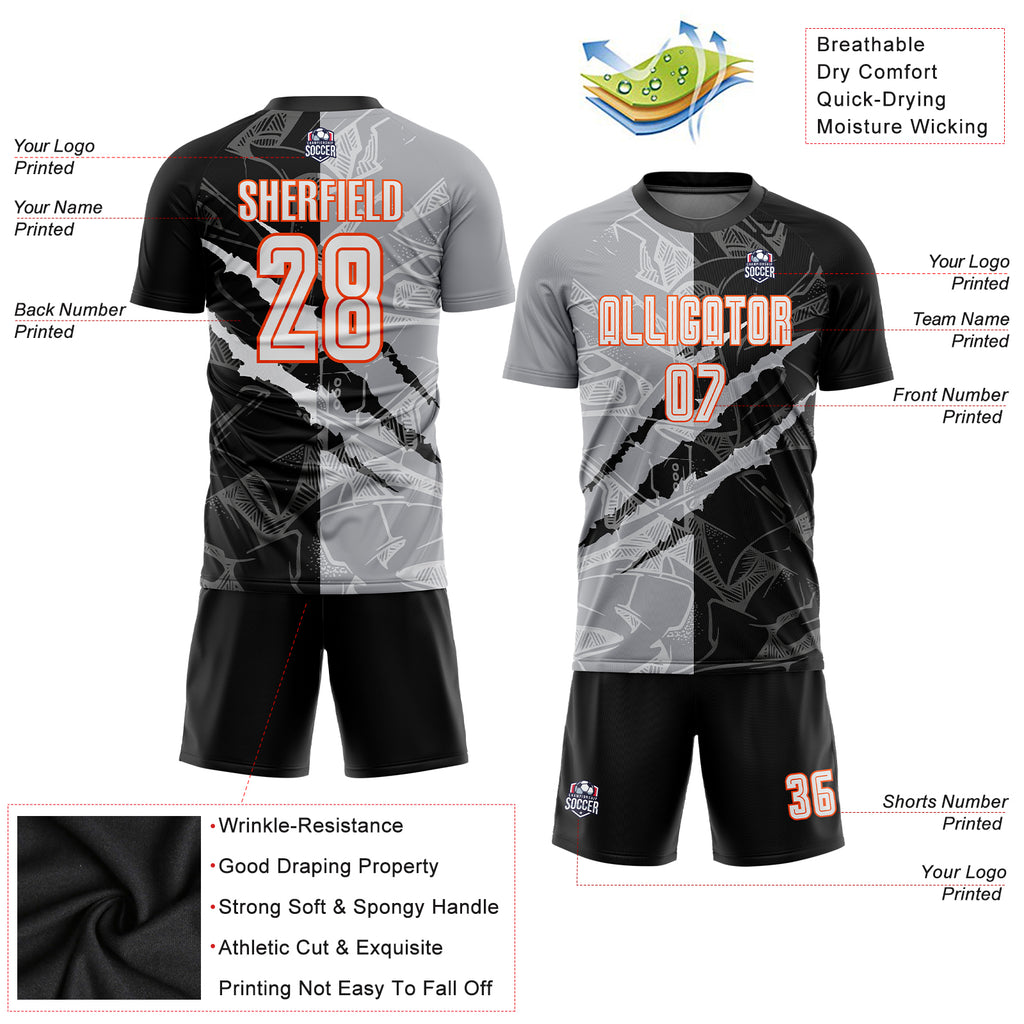 Custom Graffiti Pattern White Black Gray-Orange Scratch Sublimation Soccer Uniform Jersey