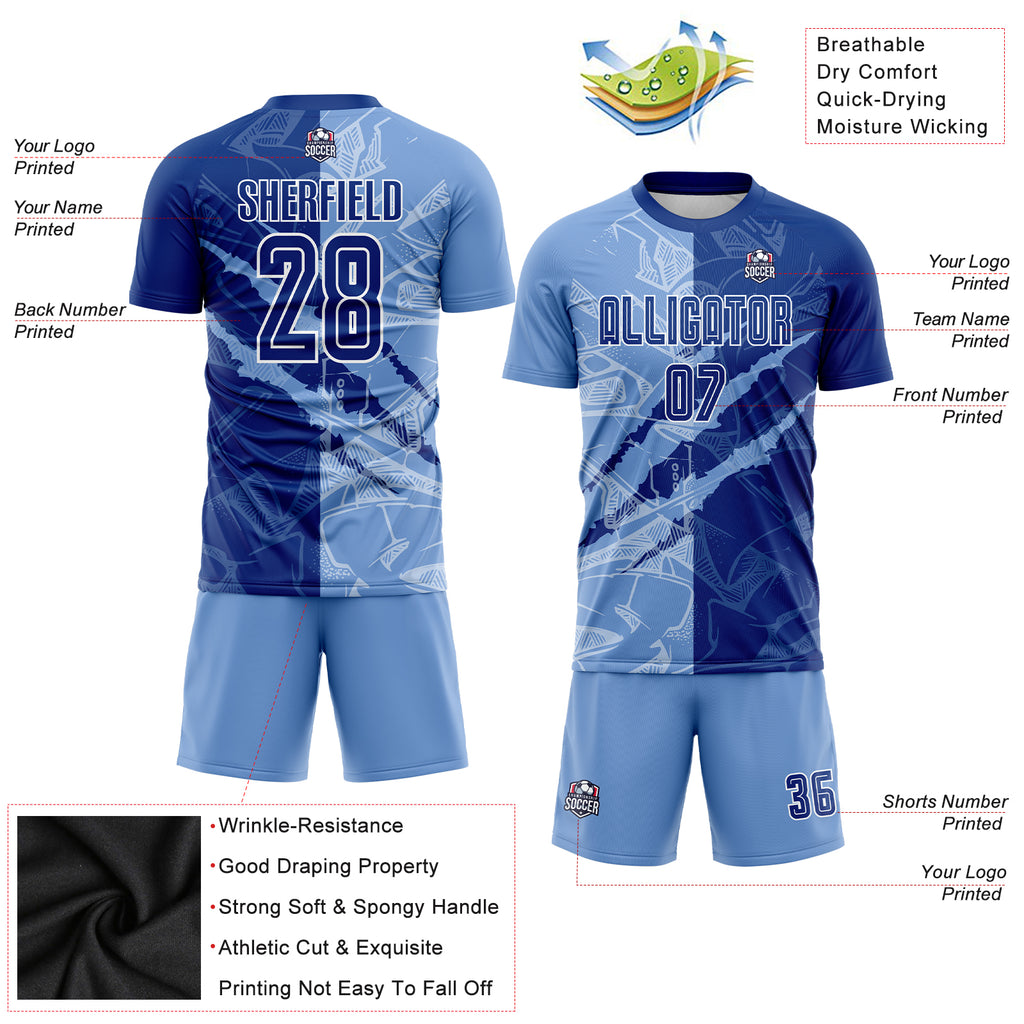 Custom Graffiti Pattern Royal-Light Blue Scratch Sublimation Soccer Uniform Jersey