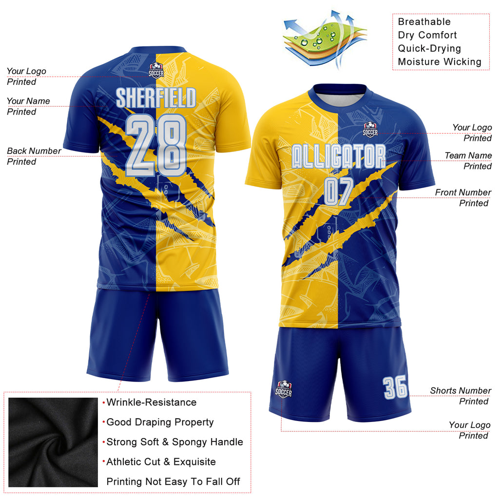 Custom Graffiti Pattern White Royal Yellow-Light Blue Scratch Sublimation Soccer Uniform Jersey