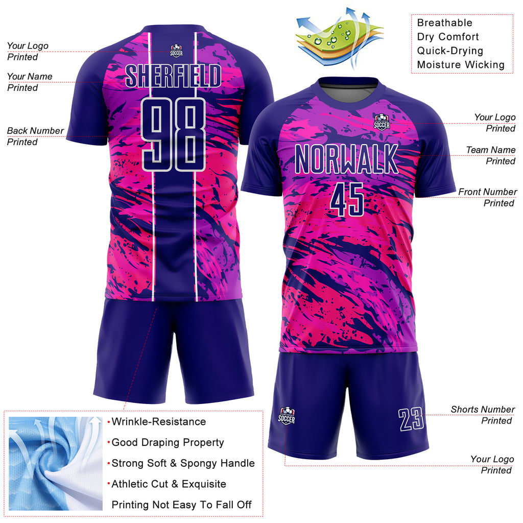 Custom Dark Purple Hot Pink-White Abstract Fluid Sublimation Soccer Uniform Jersey