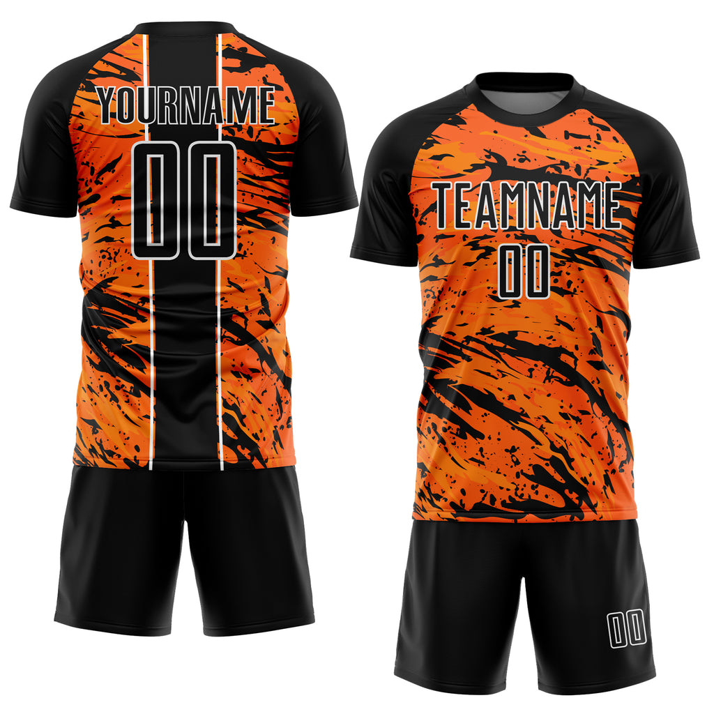 Custom Bay Orange Black-White Abstract Fluid Sublimation Soccer Uniform Jersey