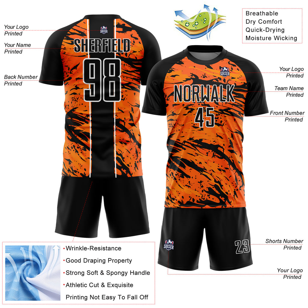 Custom Bay Orange Black-White Abstract Fluid Sublimation Soccer Uniform Jersey