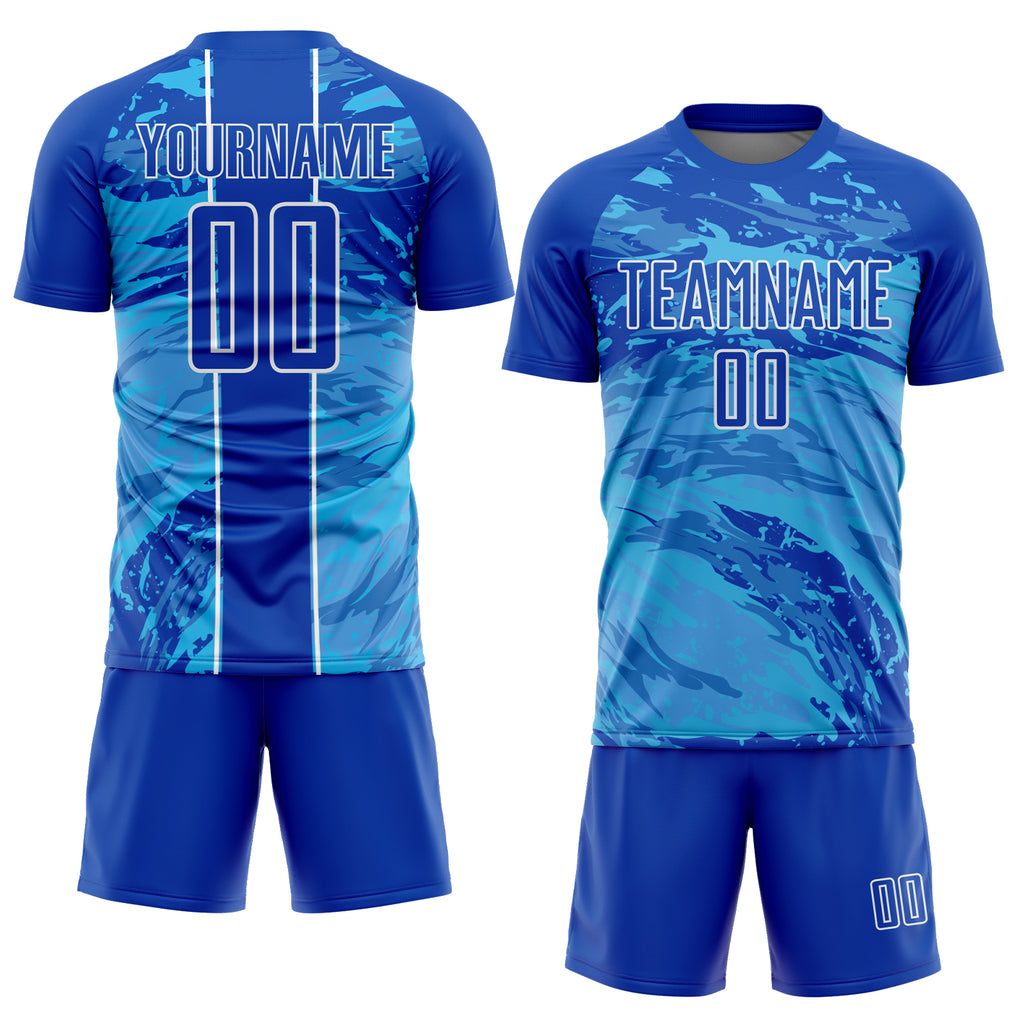 Custom Thunder Blue Sky Blue-White Abstract Fluid Sublimation Soccer Uniform Jersey