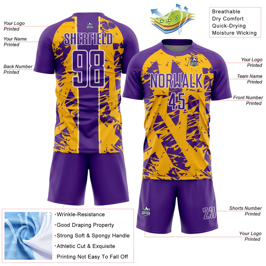 Custom Purple Gold-White Irregular Shapes Sublimation Soccer Uniform Jersey