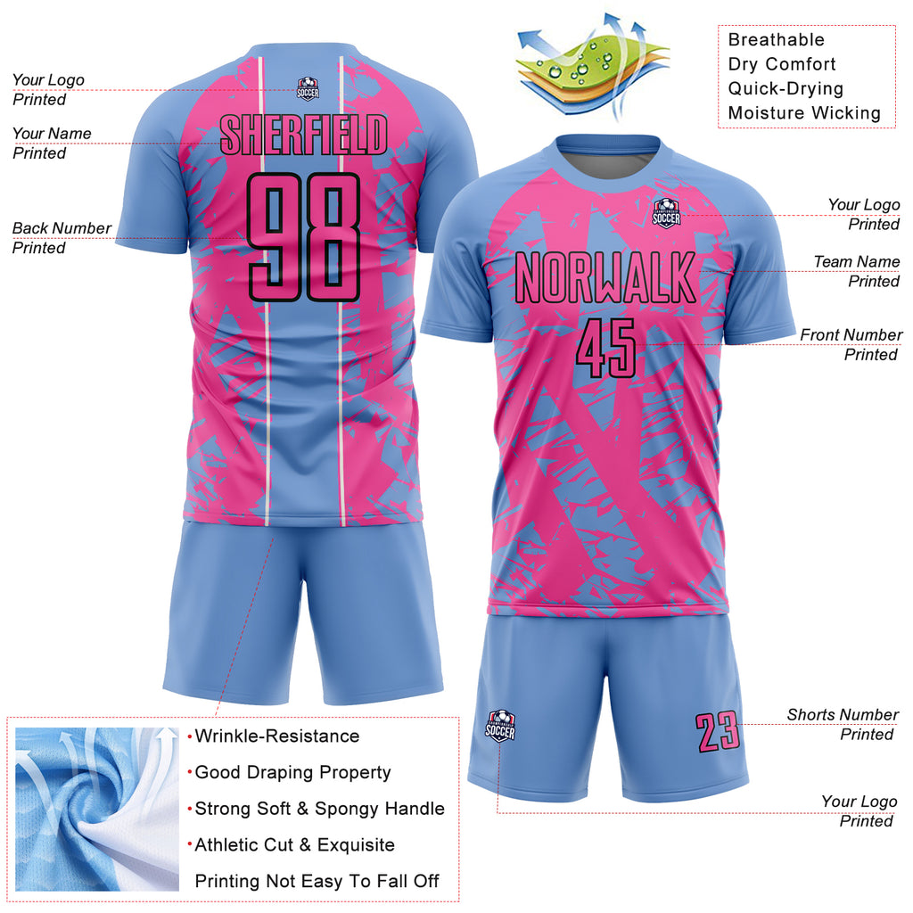 Custom Light Blue Pink-White Irregular Shapes Sublimation Soccer Uniform Jersey