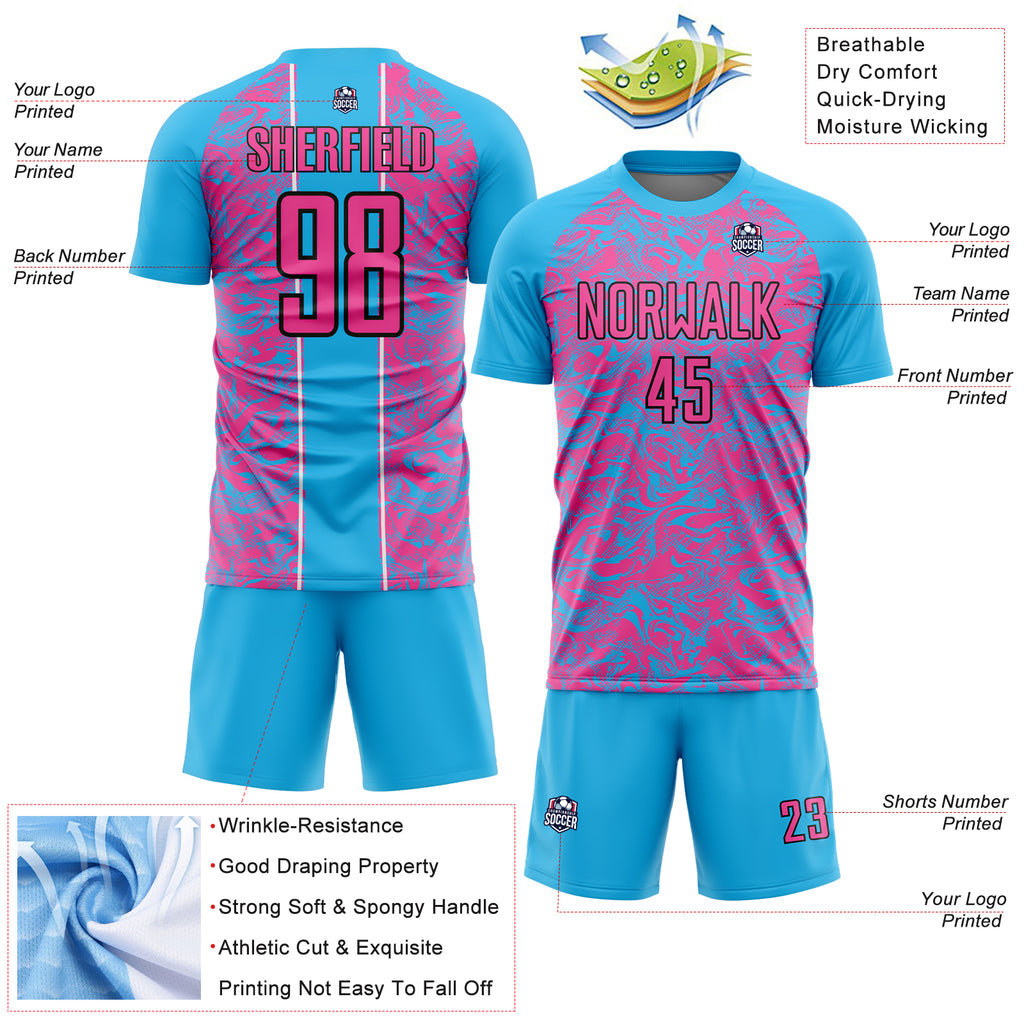 Custom Sky Blue Pink-Black Abstract Fluid Sublimation Soccer Uniform Jersey