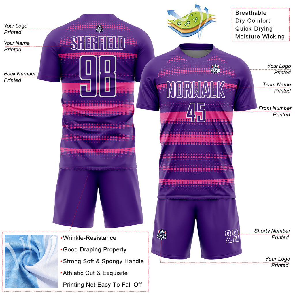 Custom Purple Pink-White Halftone Dots Sublimation Soccer Uniform Jersey