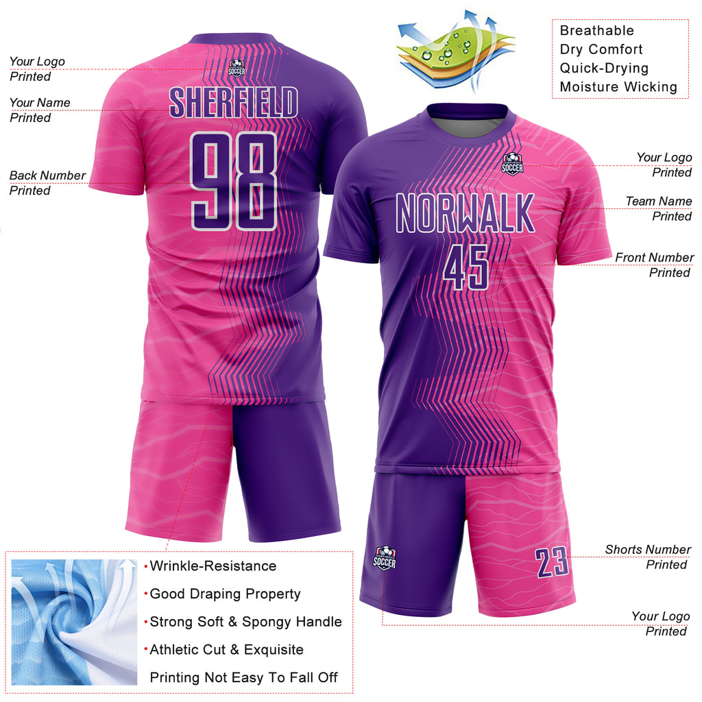Custom Pink Purple-White Gradient Arrow Sublimation Soccer Uniform Jersey