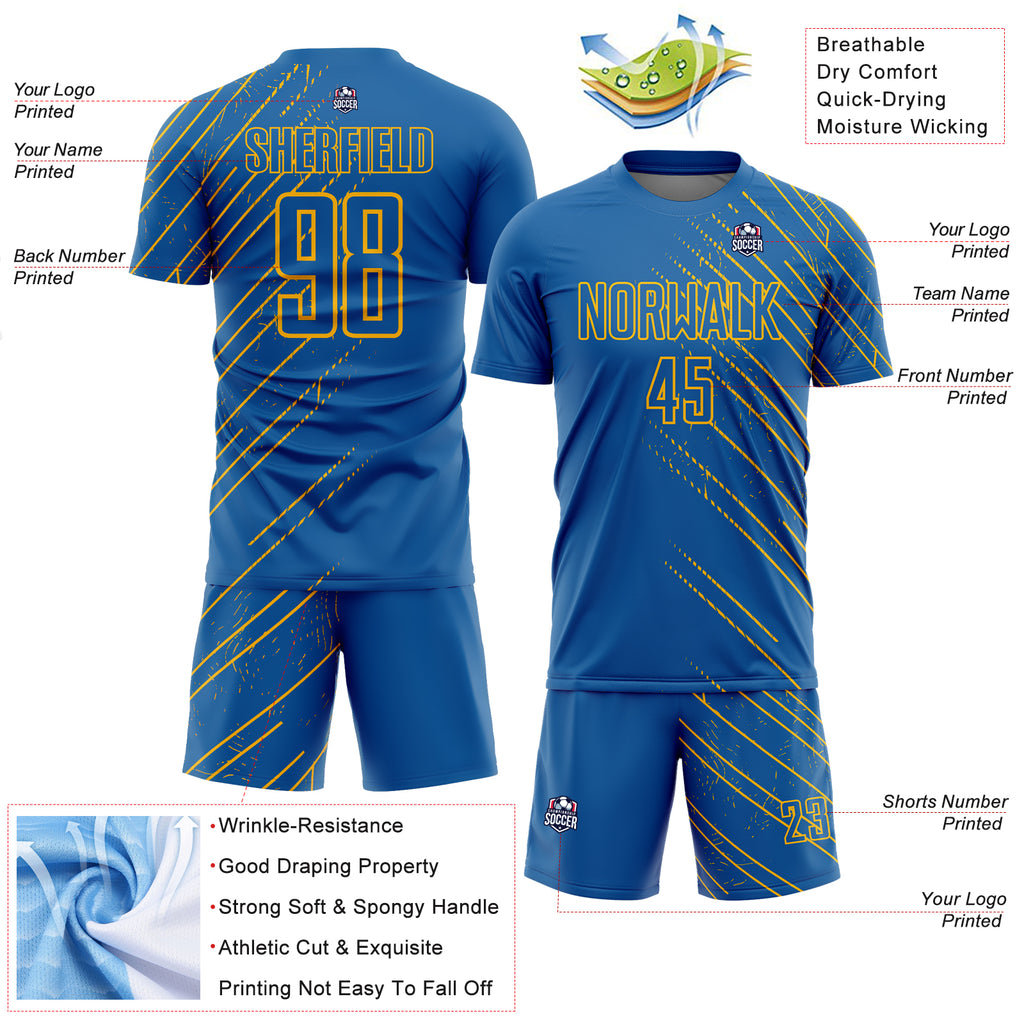 Custom Blue Gold Lines Sublimation Soccer Uniform Jersey