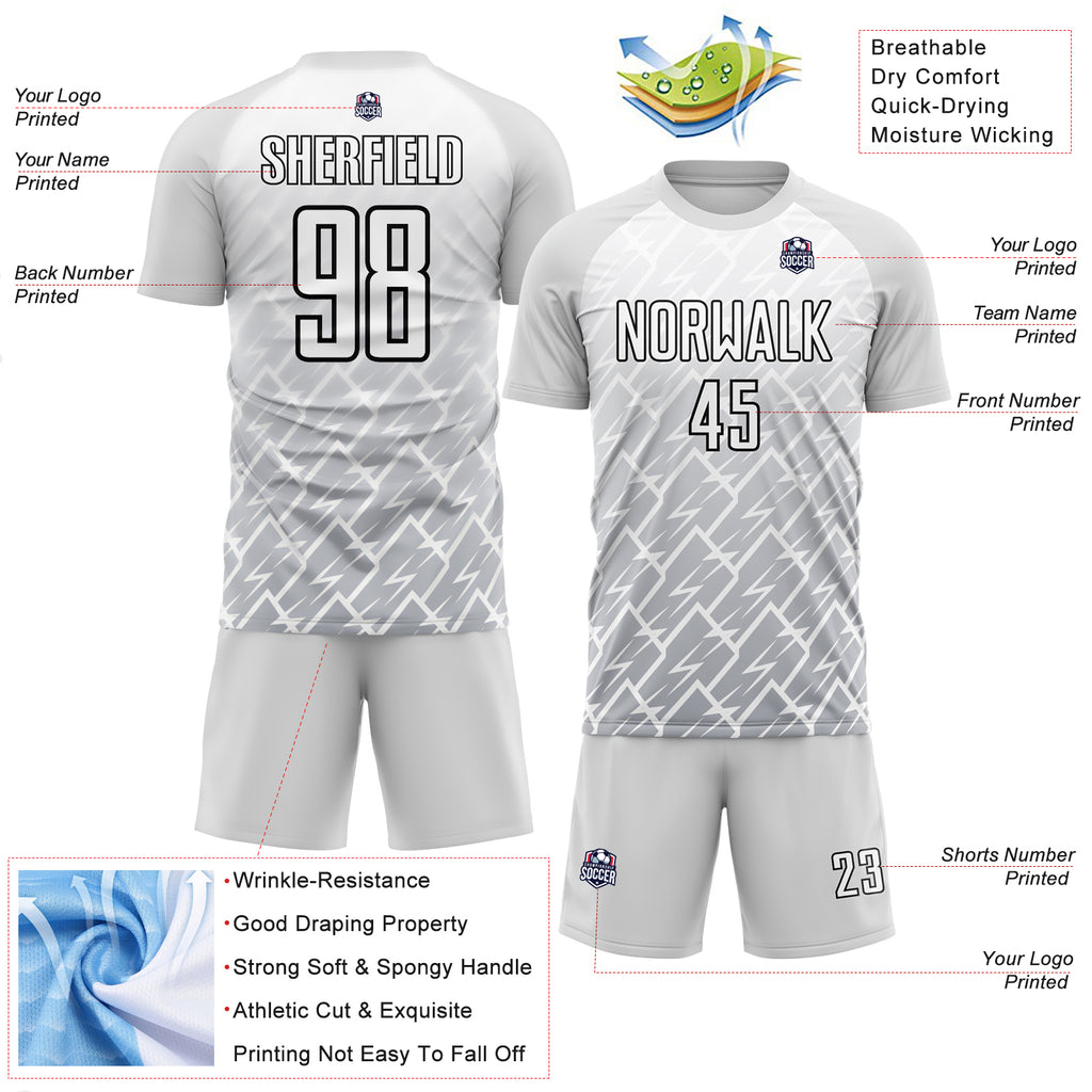 Custom White Gray-Black Lightning Sublimation Soccer Uniform Jersey