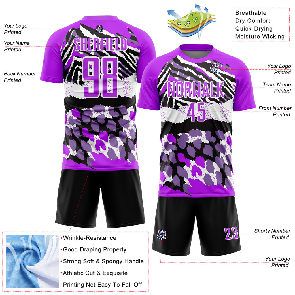 Custom Purple Black-White Animal Print Sublimation Soccer Uniform Jersey