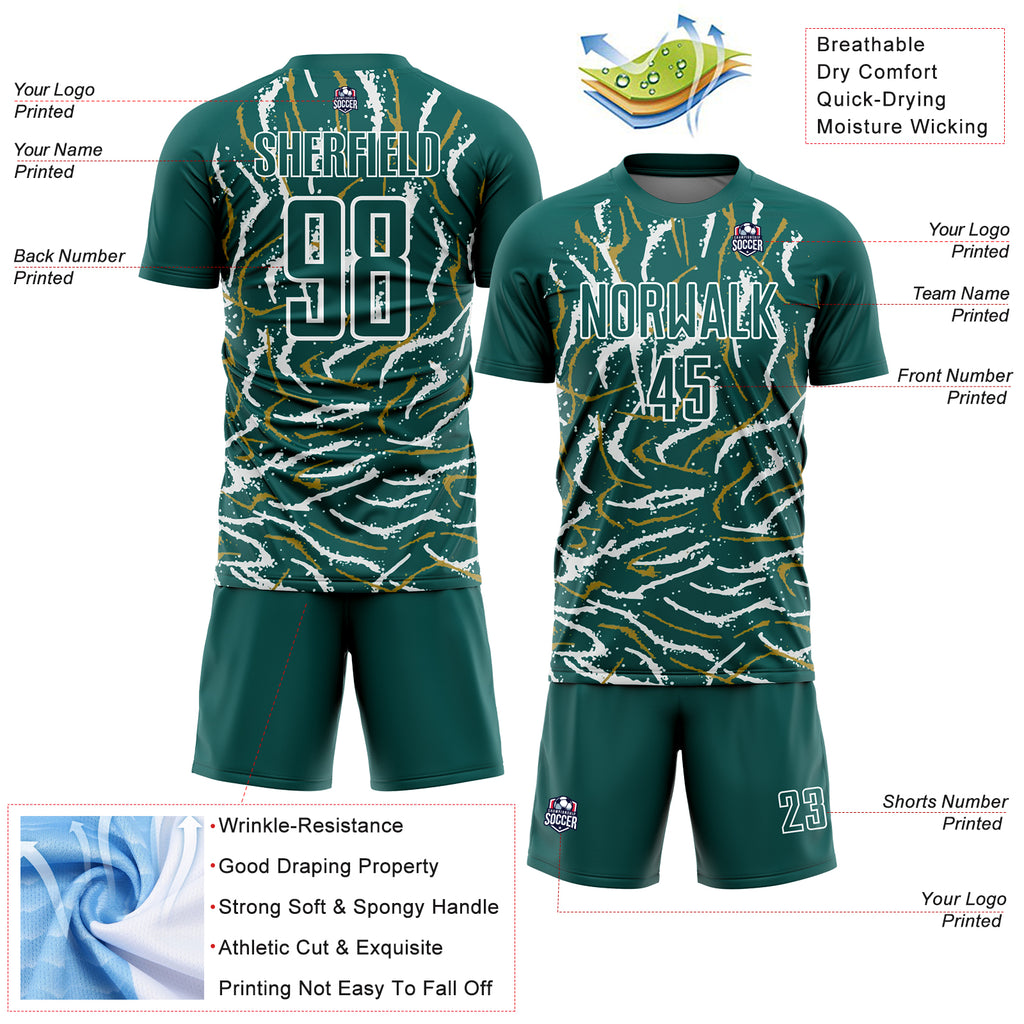 Custom Midnight Green White Curved And Wavy Lines Sublimation Soccer Uniform Jersey