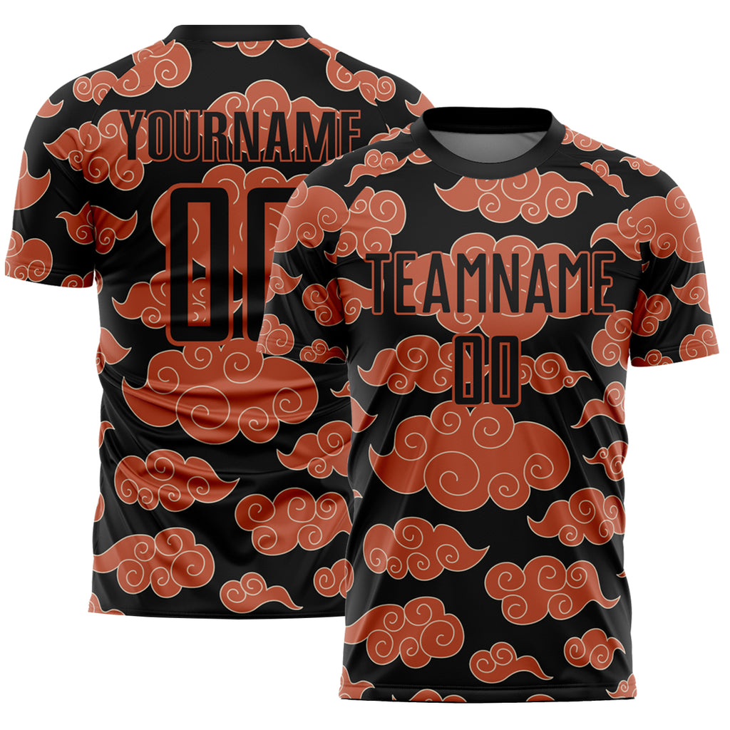 Custom Black Orange Cloud Pattern Sublimation Soccer Uniform Jersey