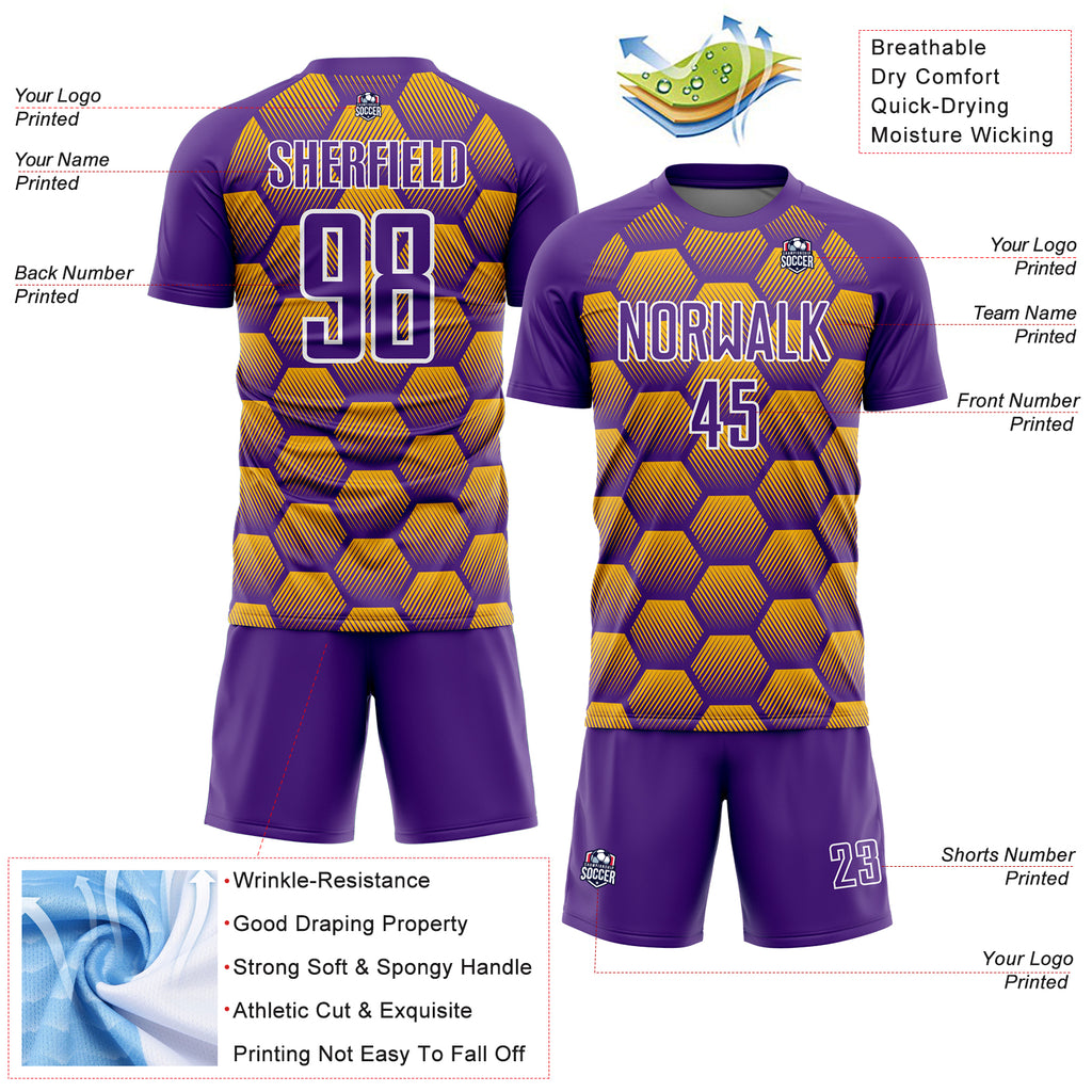 Custom Purple Gold-White Hexagons Pattern Sublimation Soccer Uniform Jersey