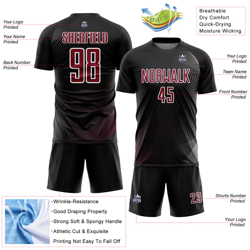 Custom Black Crimson-White Geometric Lines Sublimation Soccer Uniform Jersey