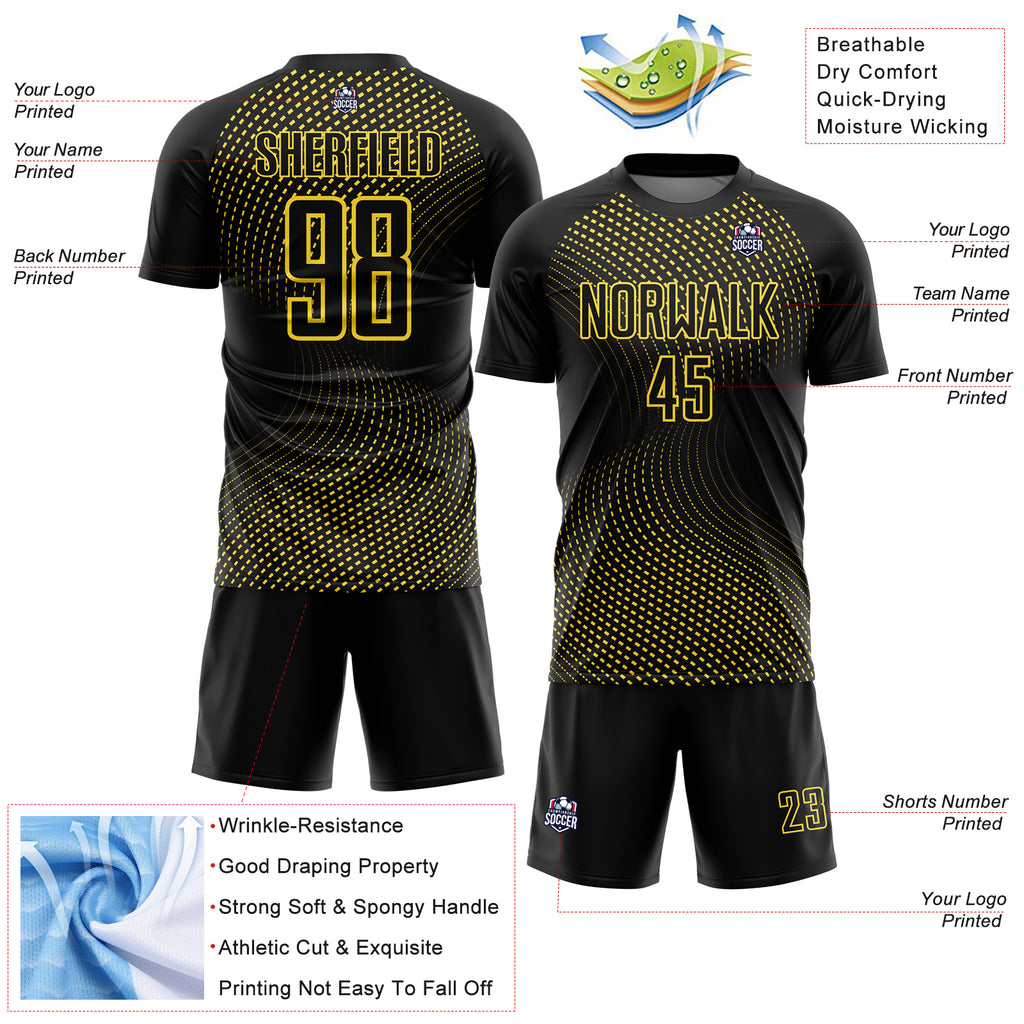 Custom Black Yellow Geometric Lines Sublimation Soccer Uniform Jersey