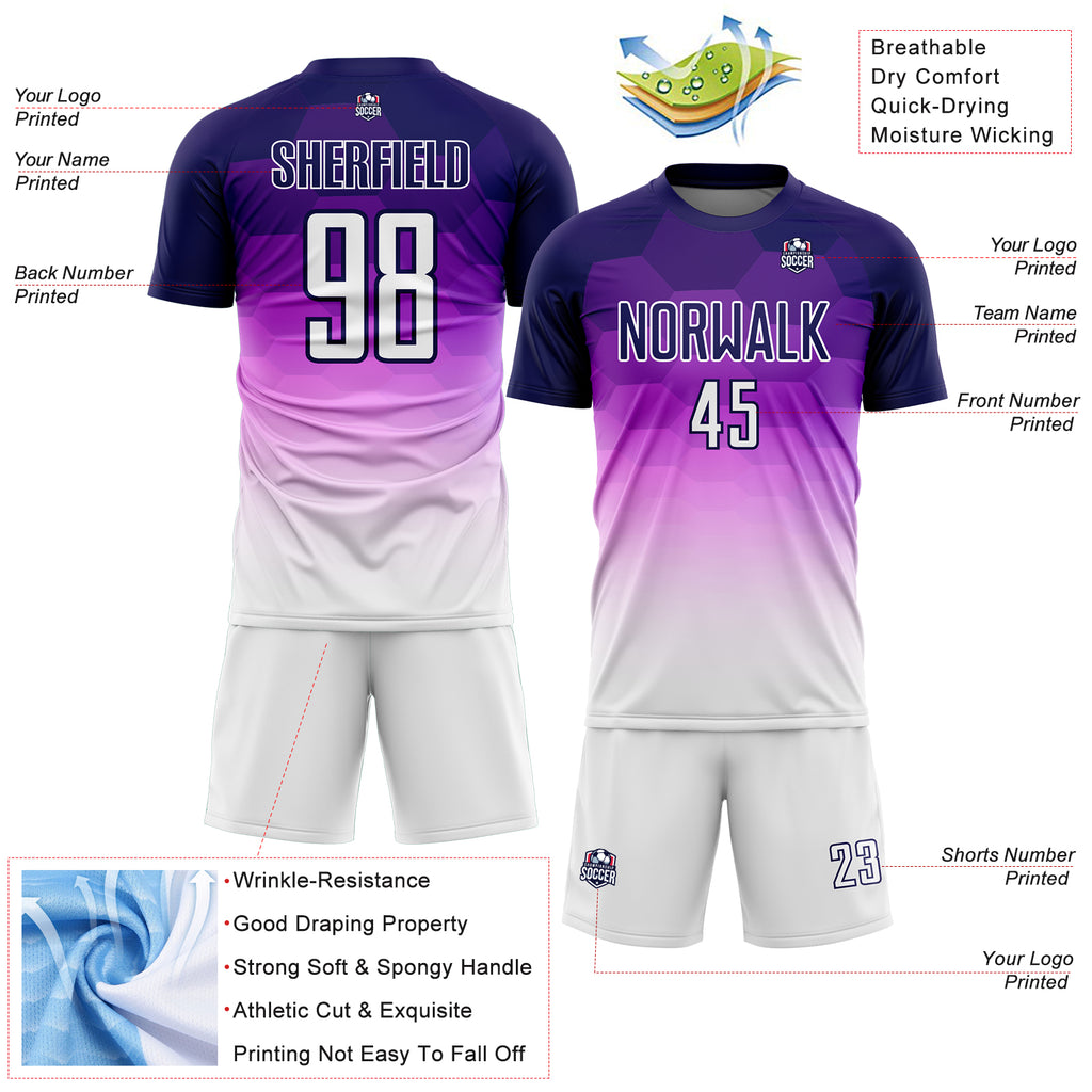 Custom Dark Purple White Gradient Hexagons Pattern Sublimation Soccer Uniform Jersey