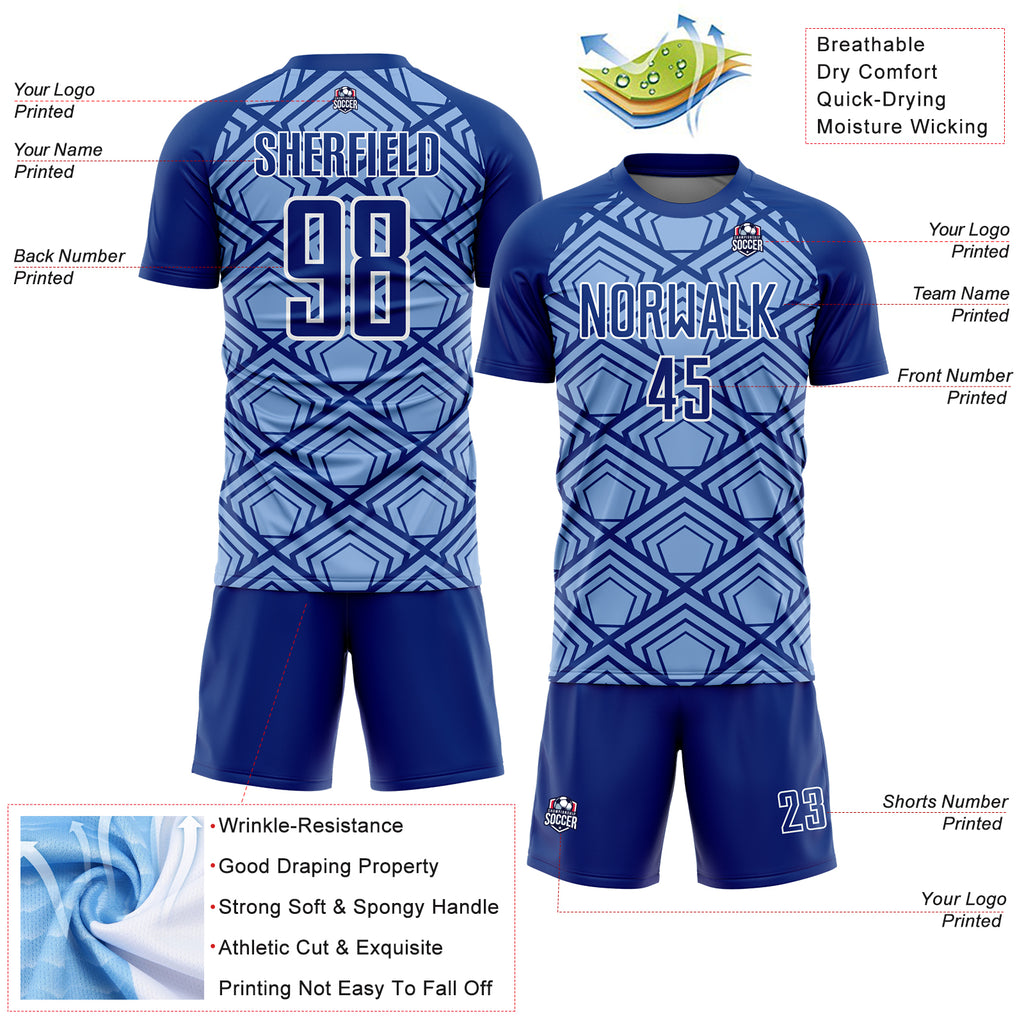 Custom Light Blue Royal-White Geometric Pattern Sublimation Soccer Uniform Jersey