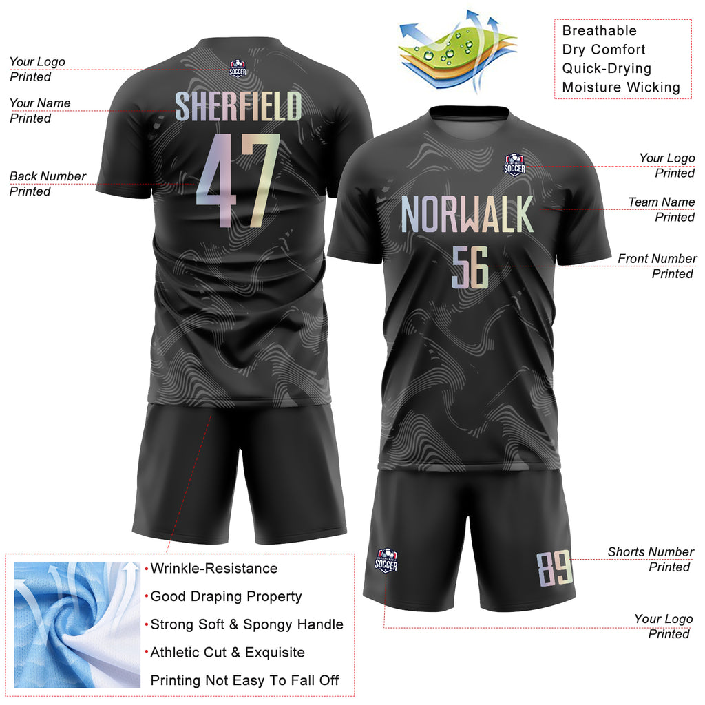 Custom Black Gradient-Gray Curve Lines Sublimation Soccer Uniform Jersey