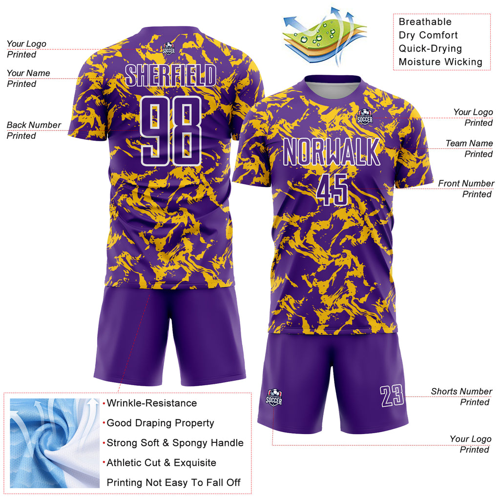 Custom Purple Gold-White Abstract Fluid Sublimation Soccer Uniform Jersey