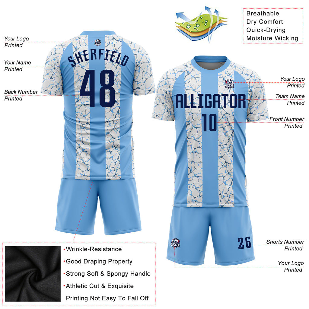 Custom Light Blue Navy-White Sublimation Soccer Uniform Jersey