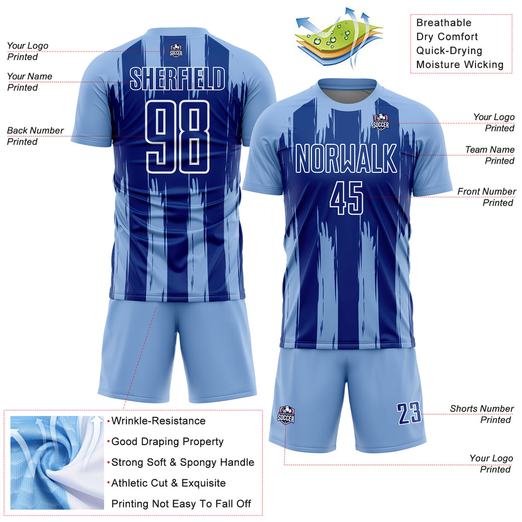 Custom Light Blue Royal-White Abstract Stripes Sublimation Soccer Uniform Jersey