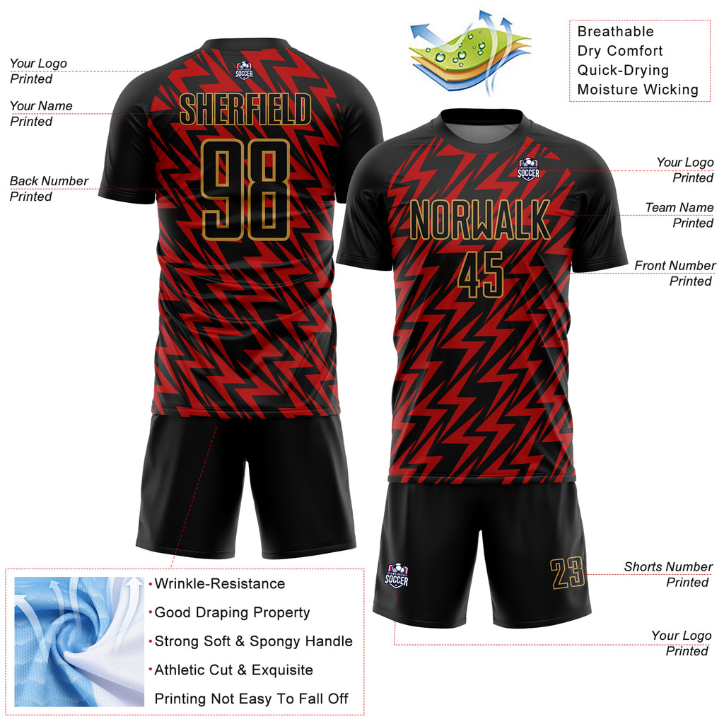 Custom Black Red-Old Gold Lightning Sublimation Soccer Uniform Jersey