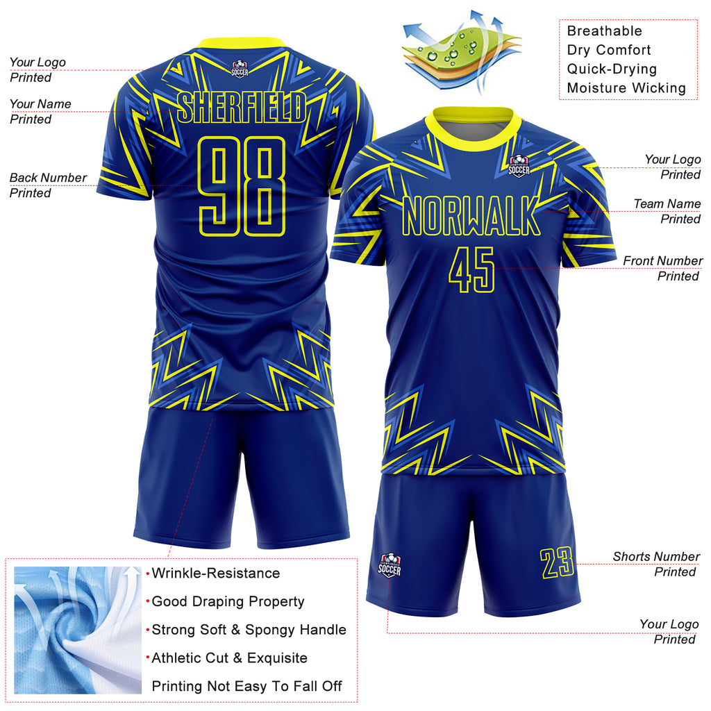 Custom Royal Neon Yellow Geometric Shapes Sublimation Soccer Uniform Jersey