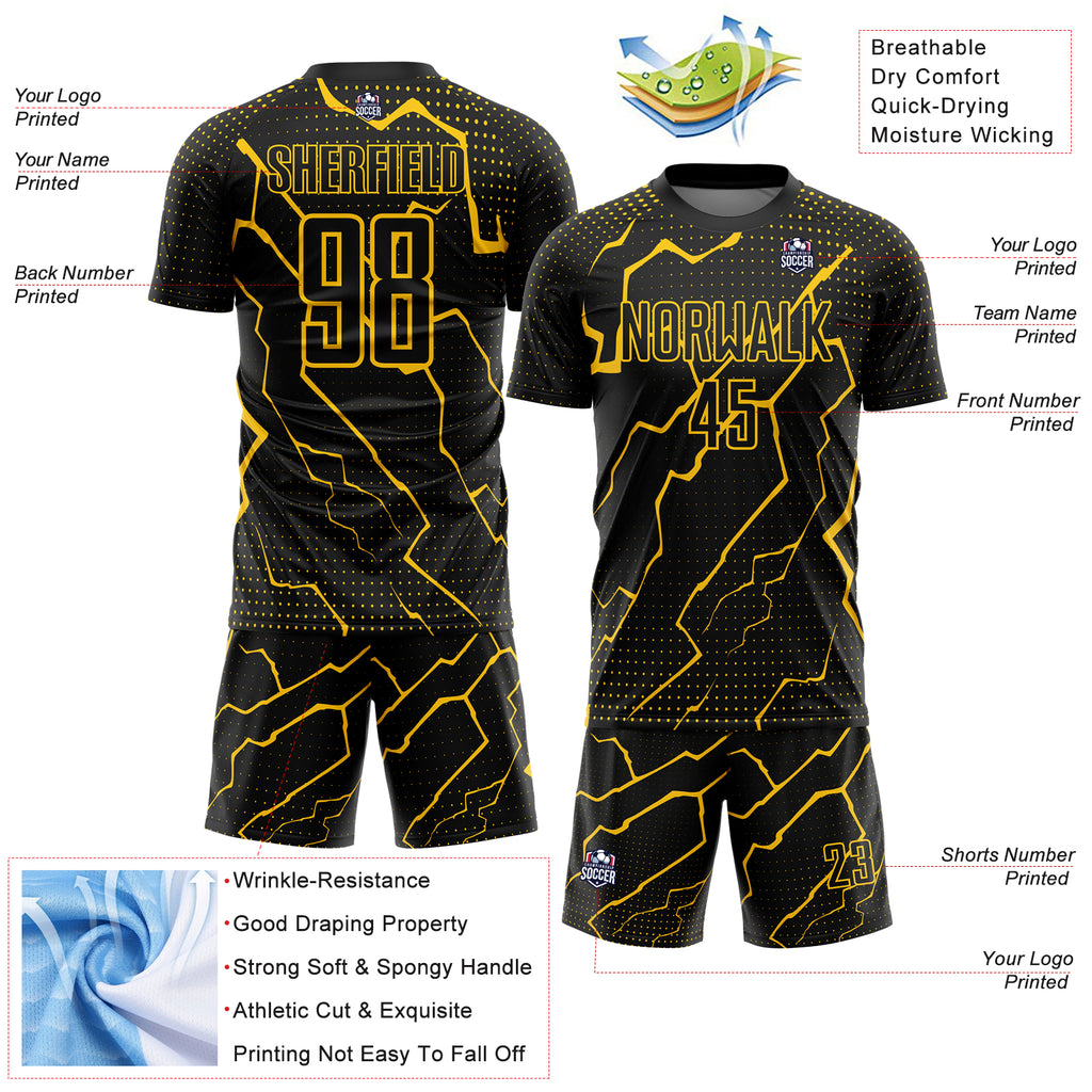 Custom Black Yellow Lightning Sublimation Soccer Uniform Jersey