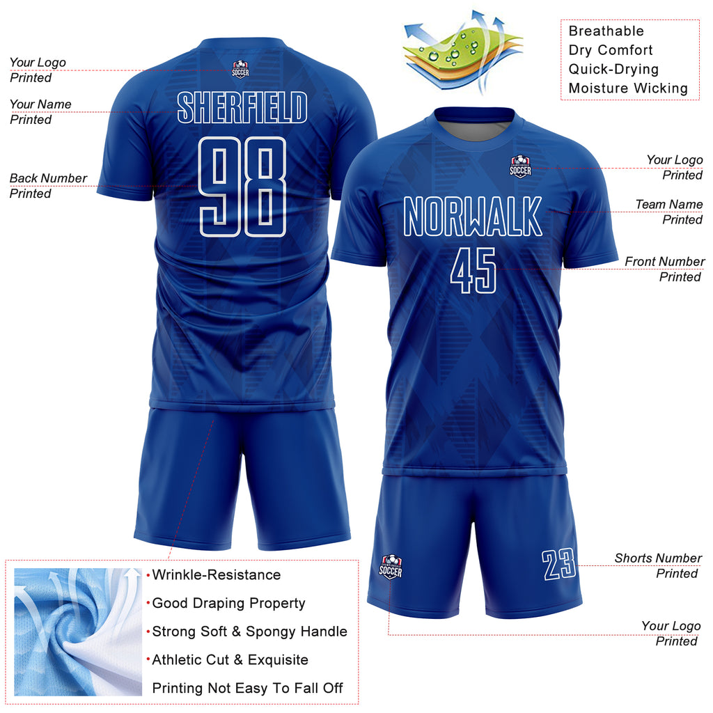 Custom Royal White Geometric Shapes Sublimation Soccer Uniform Jersey