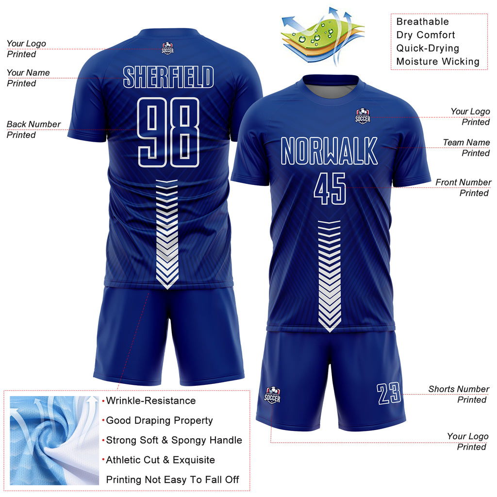 Custom Royal White Arrow Shapes Sublimation Soccer Uniform Jersey