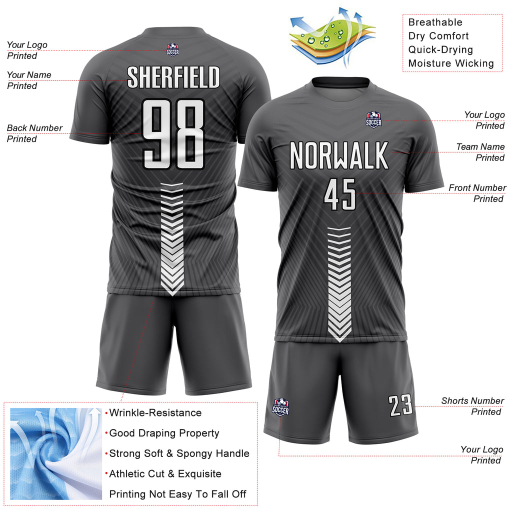 Custom Steel Gray White-Black Arrow Shapes Sublimation Soccer Uniform Jersey