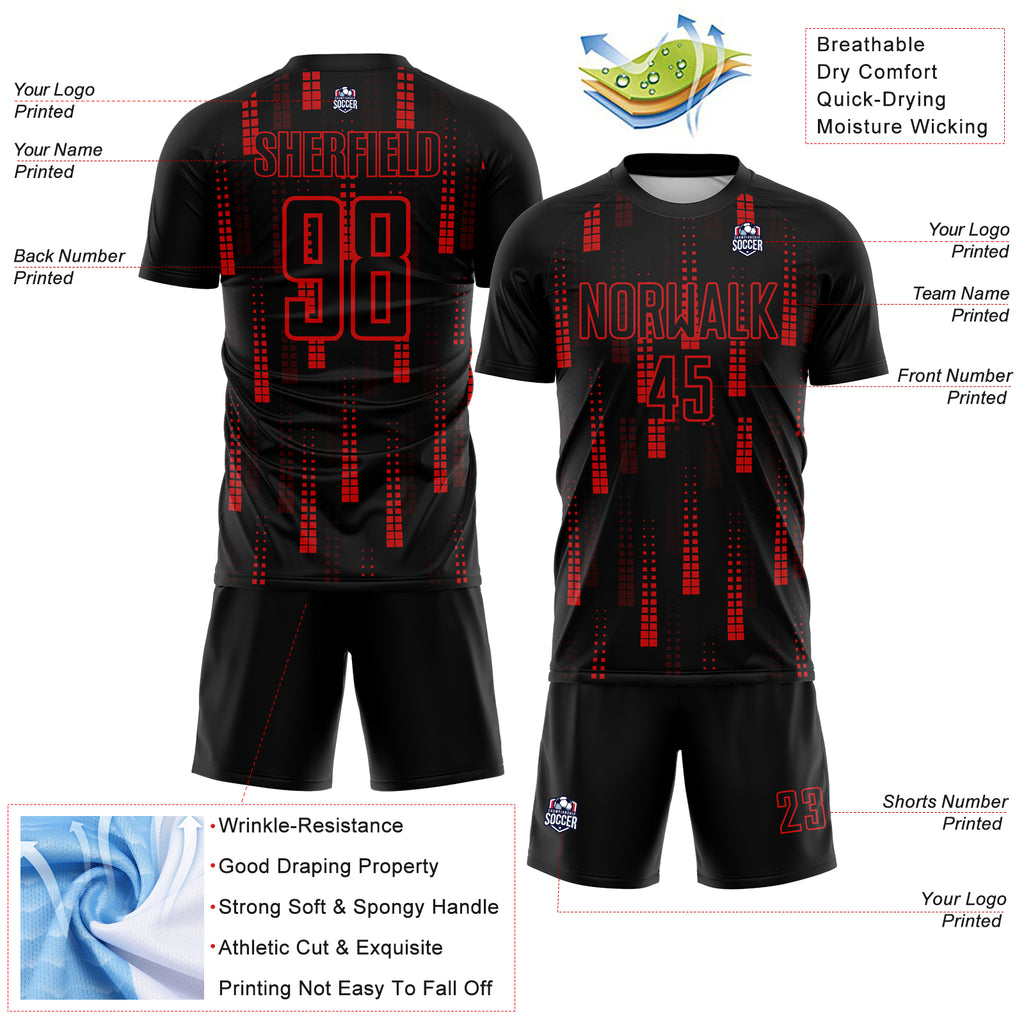 Custom Black Red Geometric Shapes Sublimation Soccer Uniform Jersey