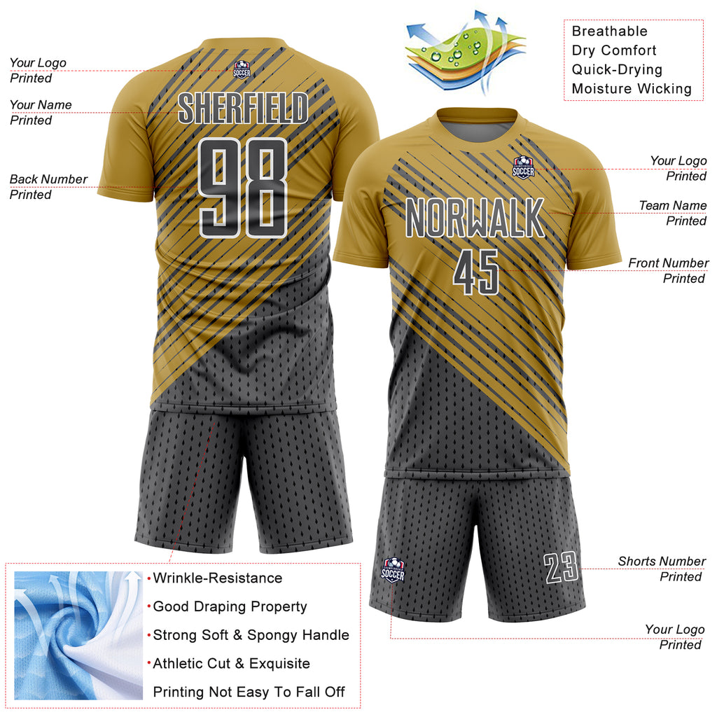 Custom Old Gold Steel Gray White Diagonal Lines Sublimation Soccer Uniform Jersey