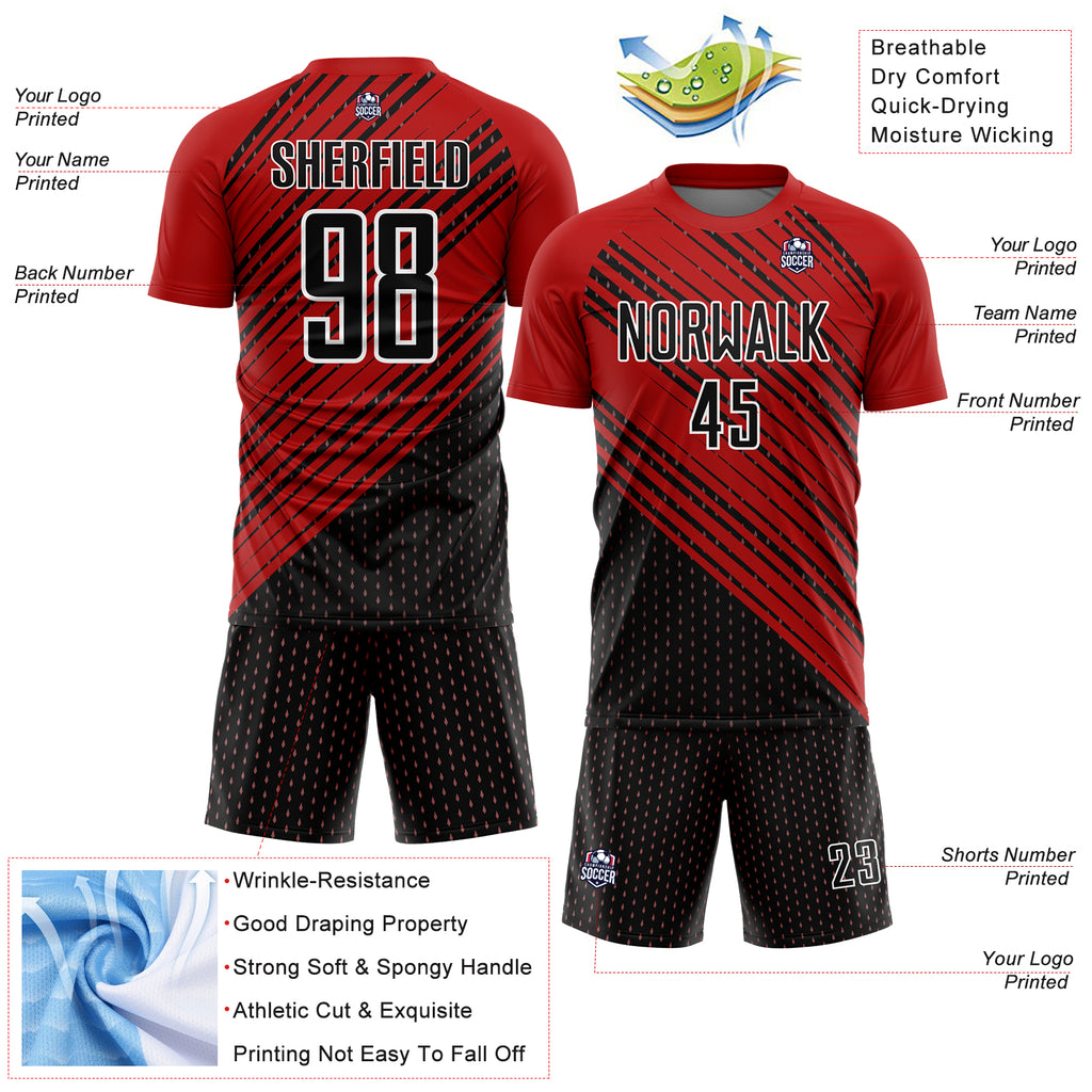 Custom Red Black-White Diagonal Lines Sublimation Soccer Uniform Jersey