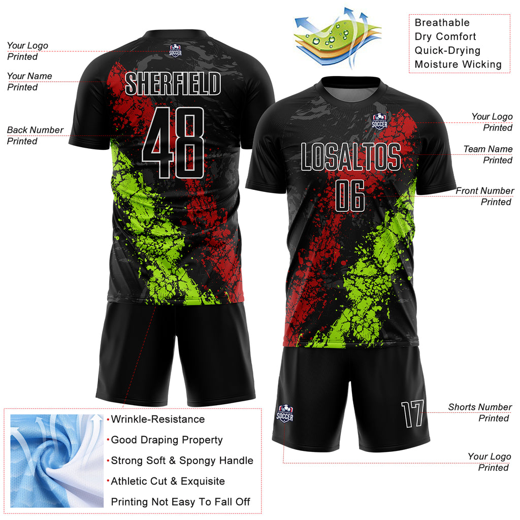 Custom Black Red-Neon Green Dripping Splatter Art Sublimation Soccer Uniform Jersey