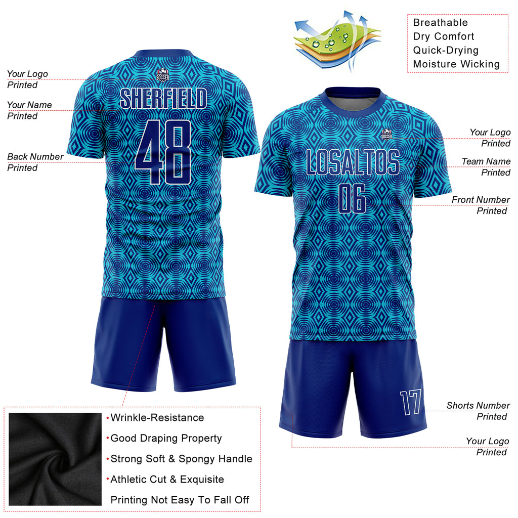 Custom Royal Lakes Blue-White Geometric Shapes Sublimation Soccer Uniform Jersey