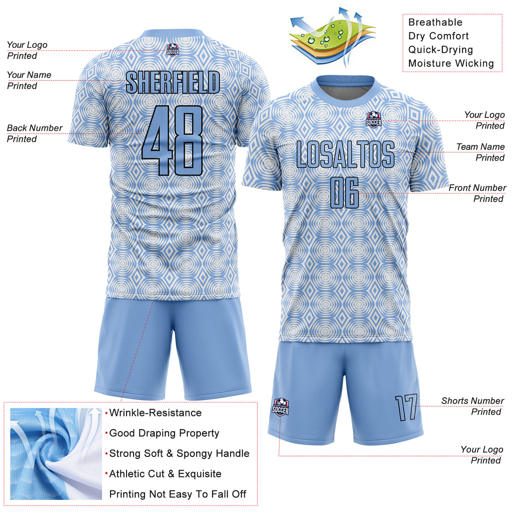 Custom Light Blue Black-White Geometric Shapes Sublimation Soccer Uniform Jersey