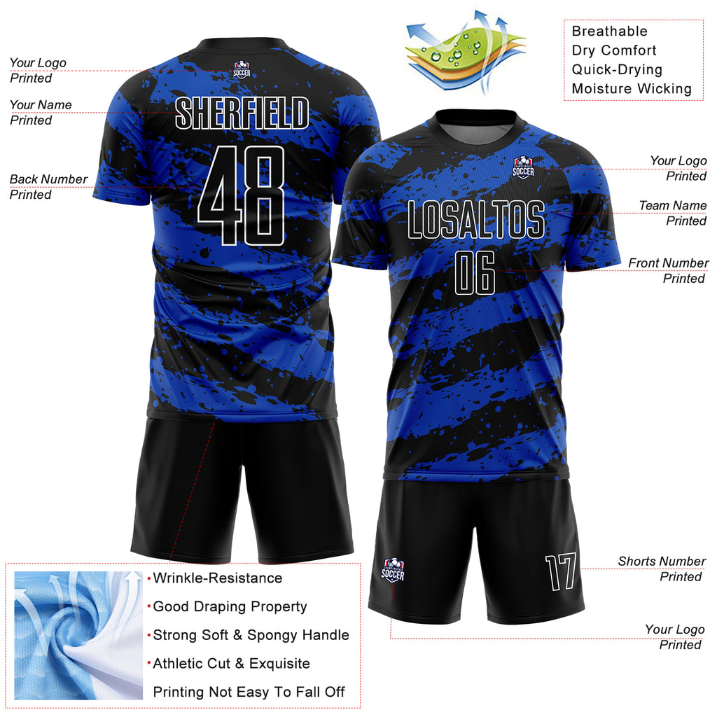 Custom Black Thunder Blue-White Splash Sublimation Soccer Uniform Jersey