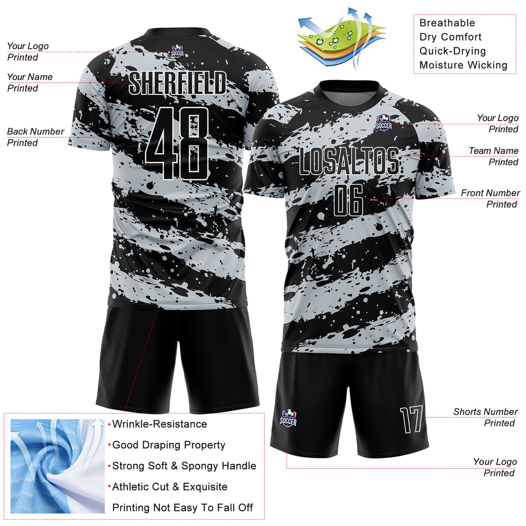 Custom Black Light Gray-White Splash Sublimation Soccer Uniform Jersey